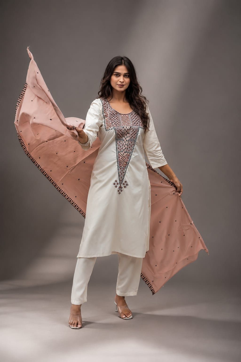 Off White Embroidered Straight Rayon Kurta Pant Dupatta Set, view 1