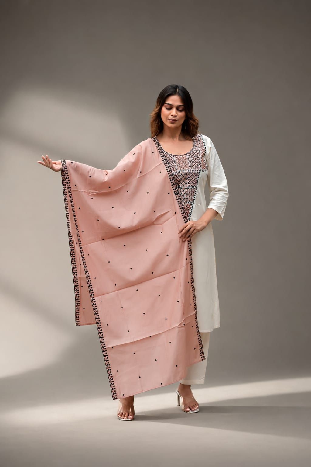 Off White Embroidered Straight Rayon Kurta Pant Dupatta Set, view 2