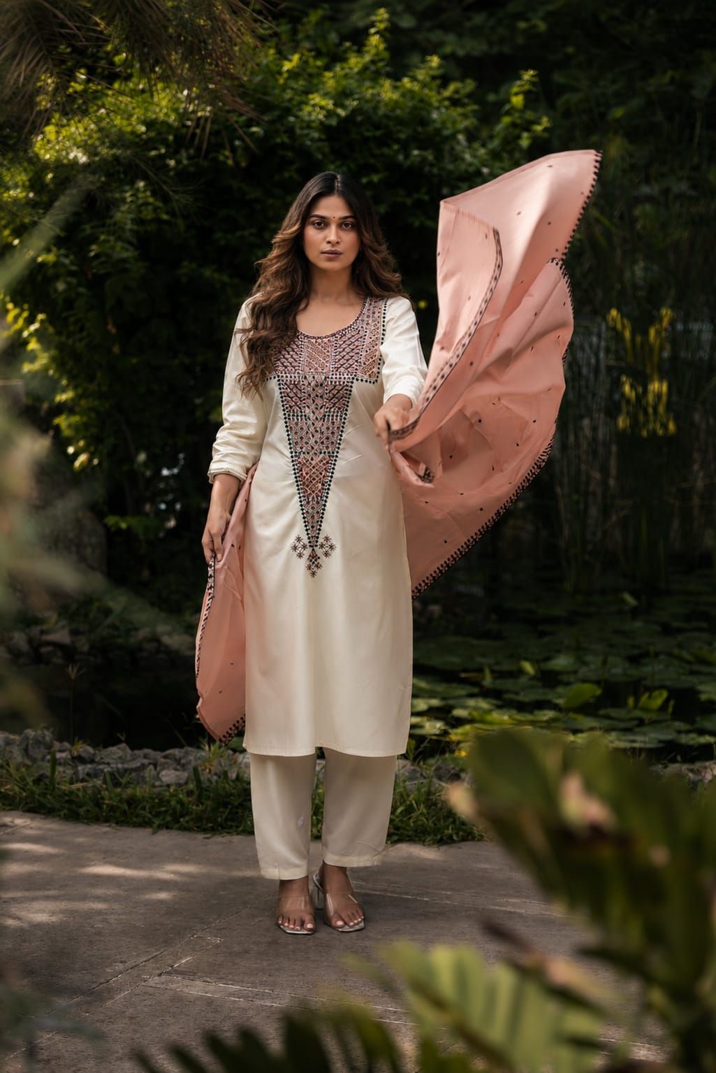 Off White Embroidered Straight Rayon Kurta Pant Dupatta Set, view 3