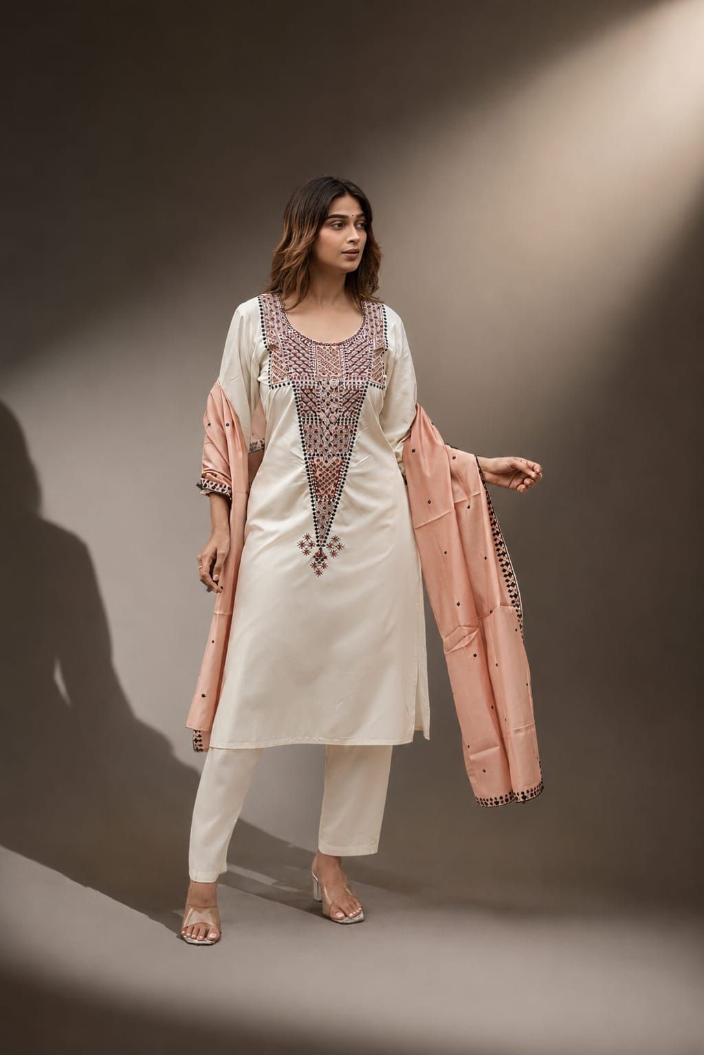Off White Embroidered Straight Rayon Kurta Pant Dupatta Set, view 4
