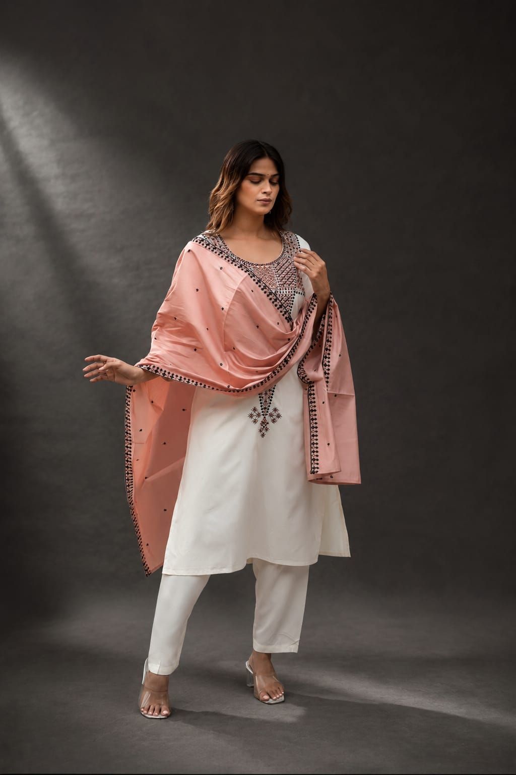 Off White Embroidered Straight Rayon Kurta Pant Dupatta Set, view 6