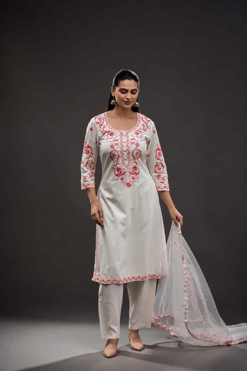 Peach Embroidered Rayon Straight Kurta Pant Dupatta Set, view 1
