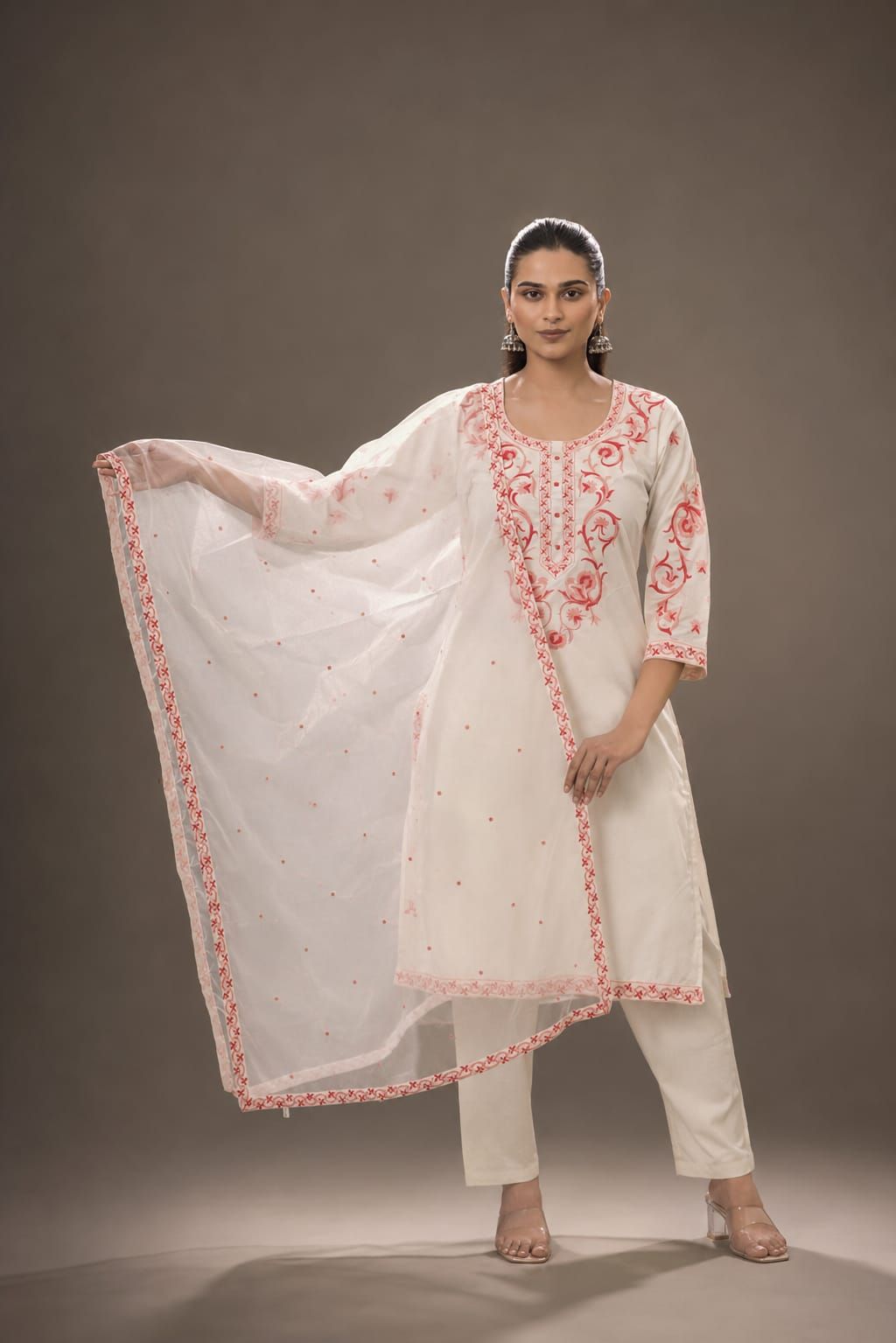 Peach Embroidered Rayon Straight Kurta Pant Dupatta Set, view 2