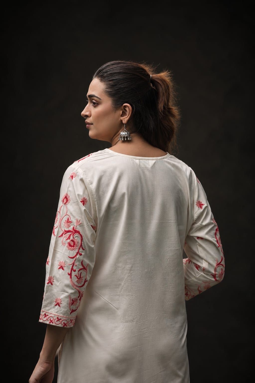 Peach Embroidered Rayon Straight Kurta Pant Dupatta Set, view 3