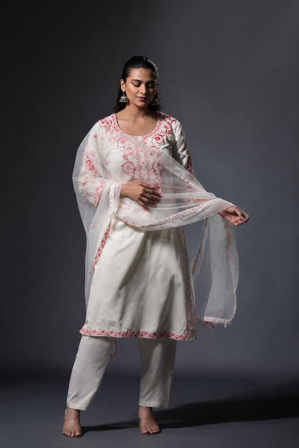 Peach Embroidered Rayon Straight Kurta Pant Dupatta Set, view 4