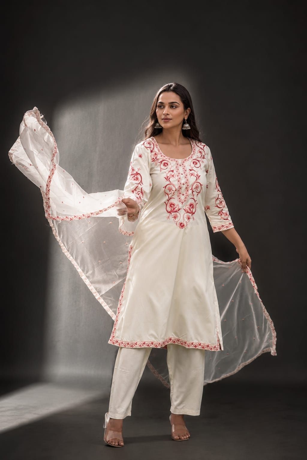 Peach Embroidered Rayon Straight Kurta Pant Dupatta Set, view 5