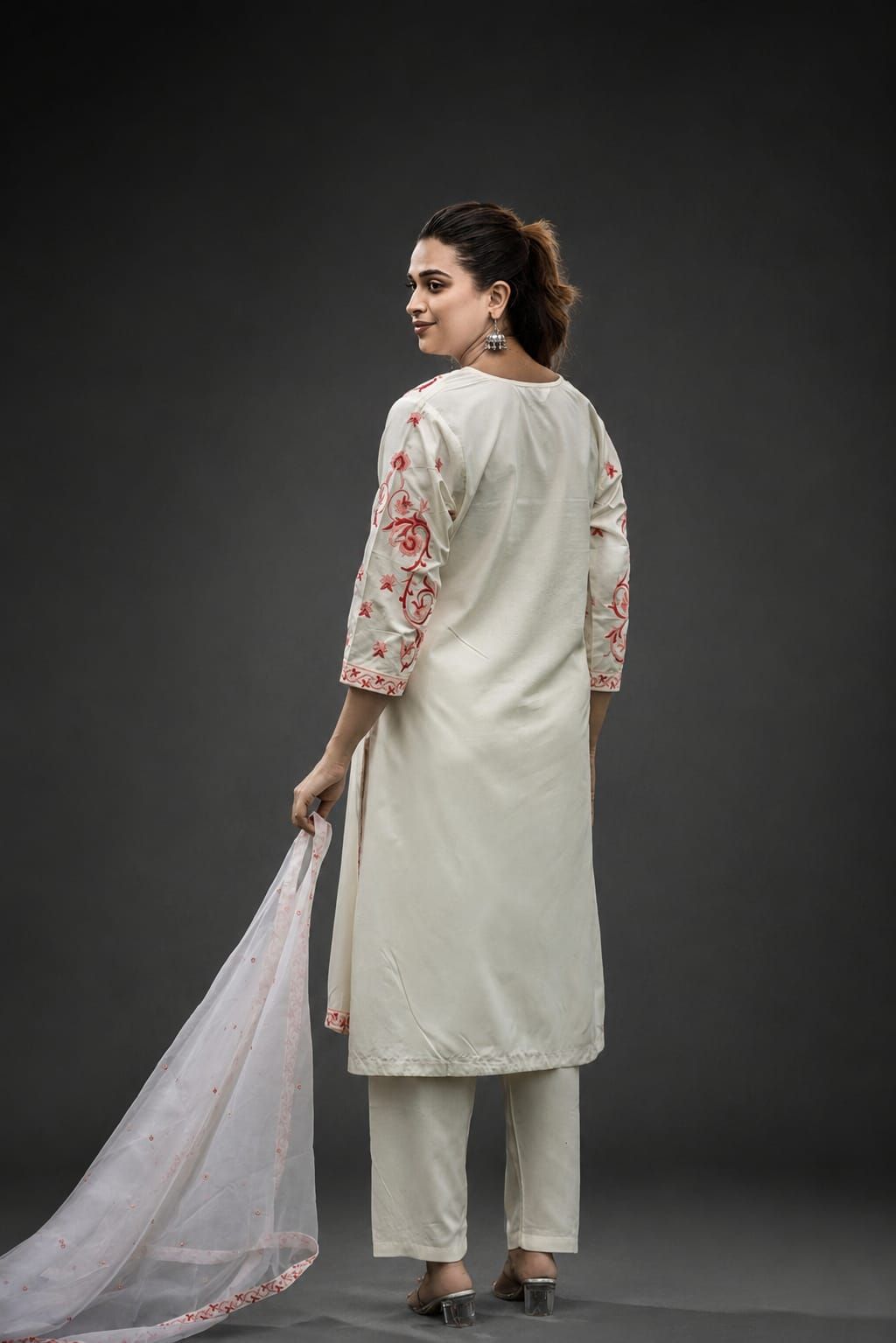 Peach Embroidered Rayon Straight Kurta Pant Dupatta Set, view 6