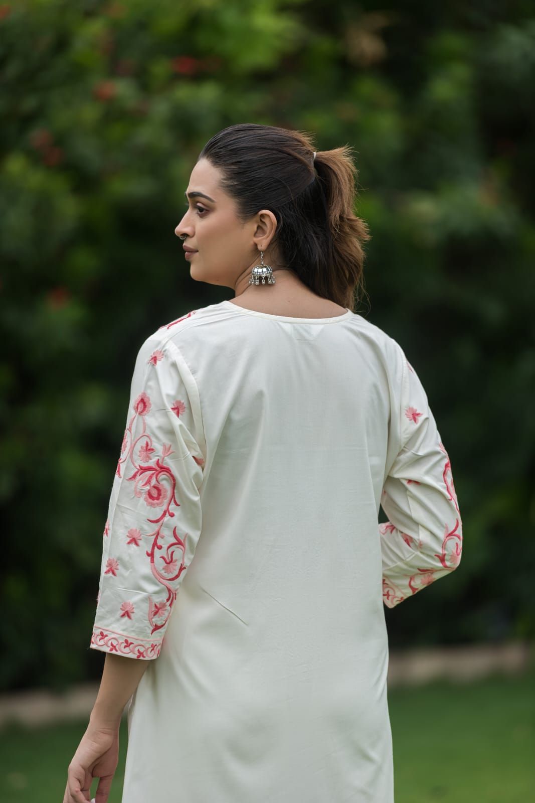 Peach Embroidered Rayon Straight Kurta Pant Dupatta Set, view 7