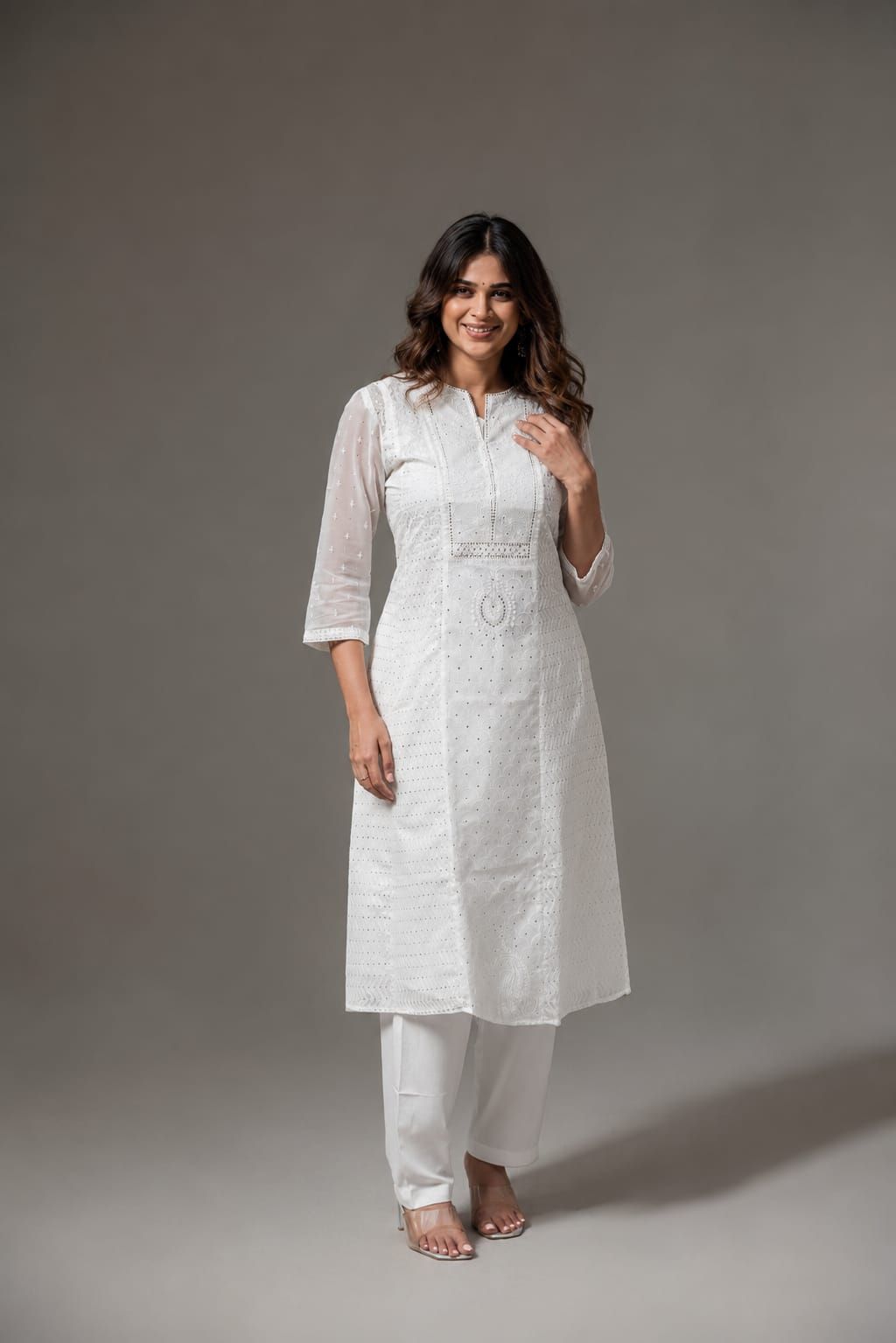 Off White Embroidered Organza A-Line Kurta Pant Set, view 1