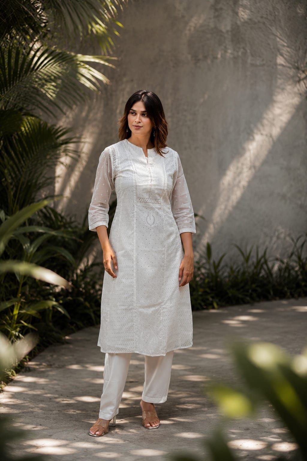 Off White Embroidered Organza A-Line Kurta Pant Set, view 3