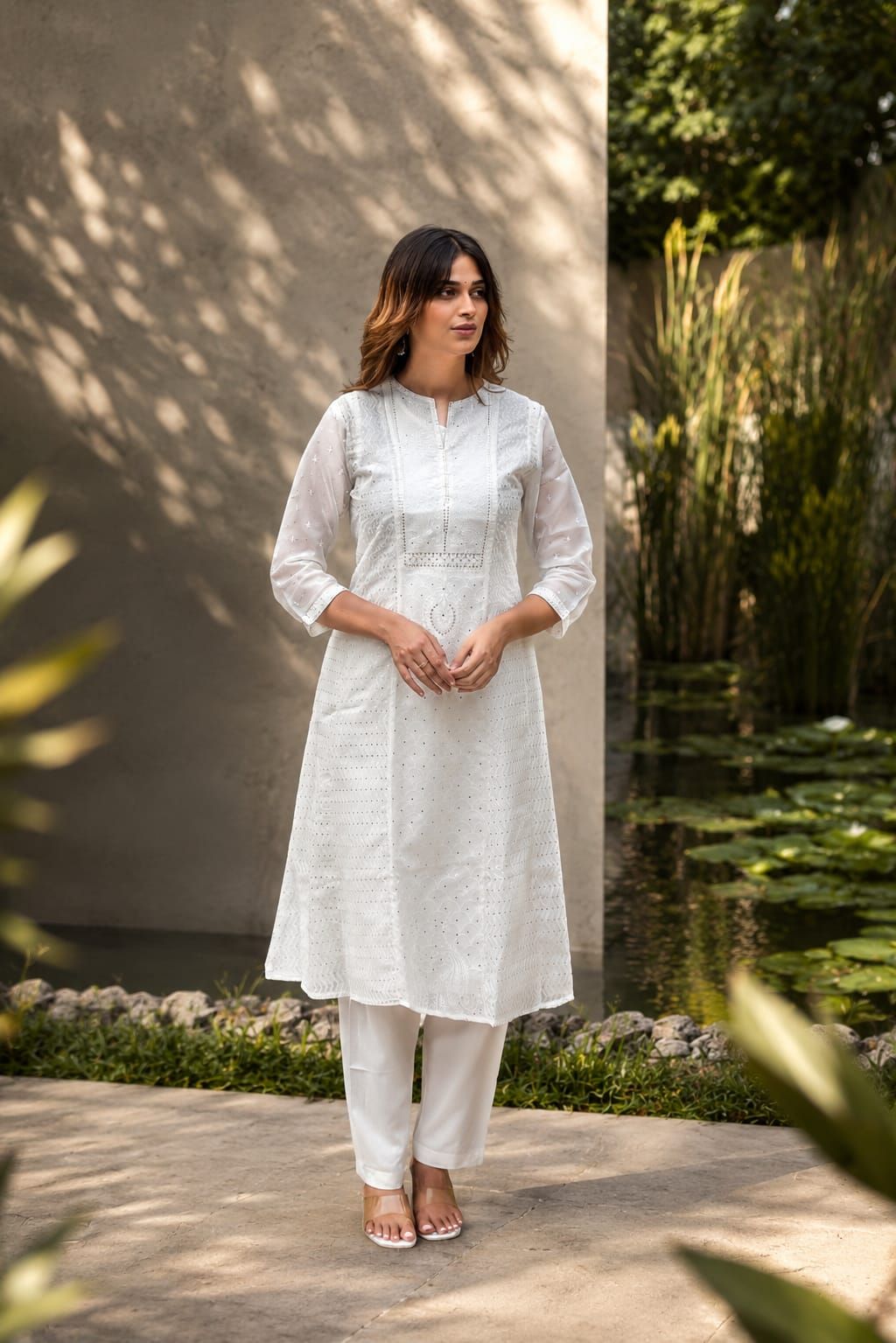 Off White Embroidered Organza A-Line Kurta Pant Set, view 4