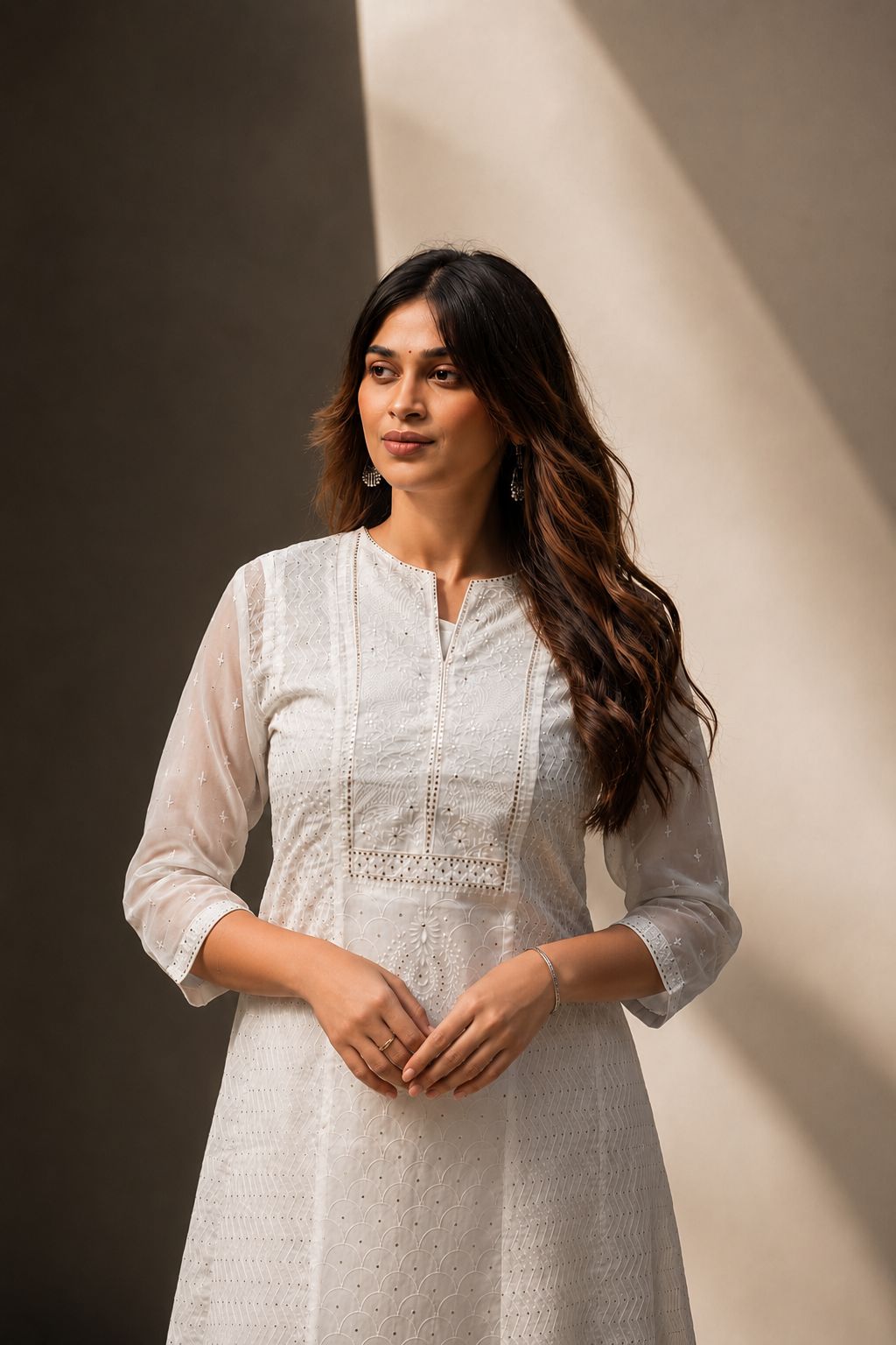 Off White Embroidered Organza A-Line Kurta Pant Set, view 5