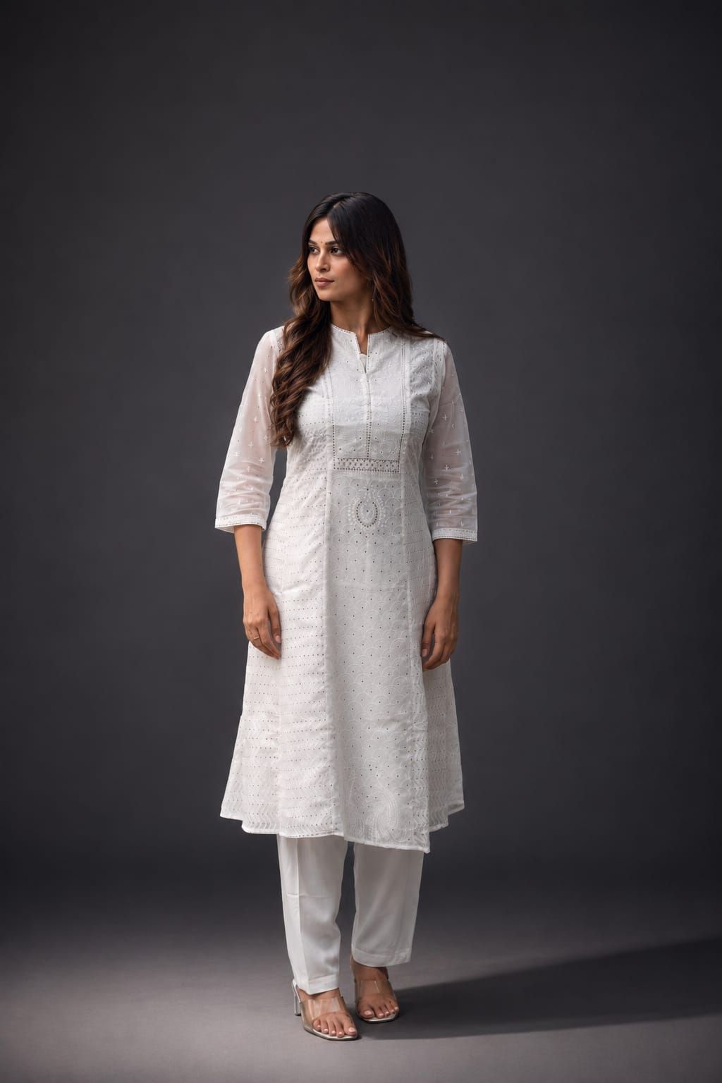 Off White Embroidered Organza A-Line Kurta Pant Set, view 6