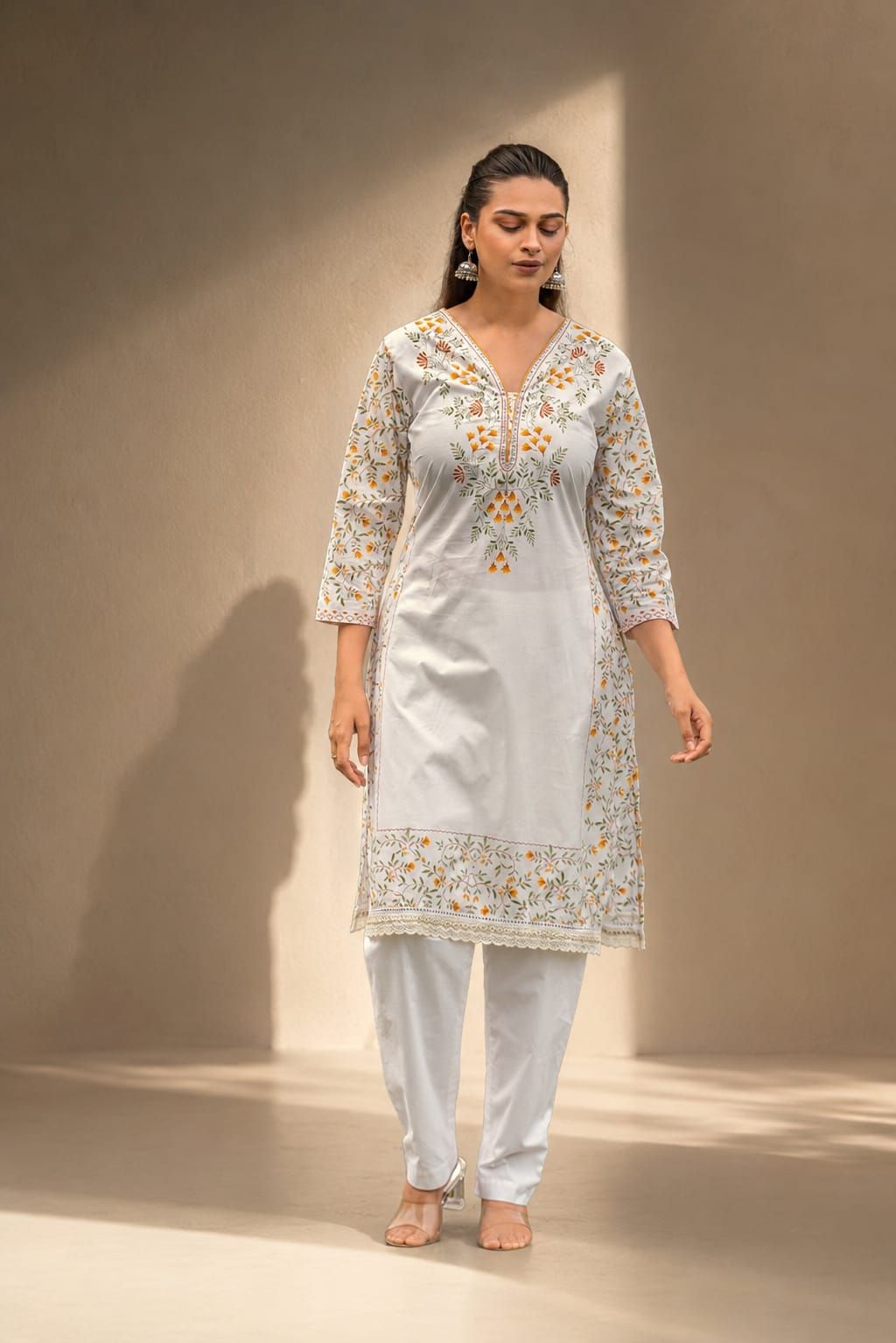 Yellow Embroidered Cotton Straight Kurta Pant Set, view 1