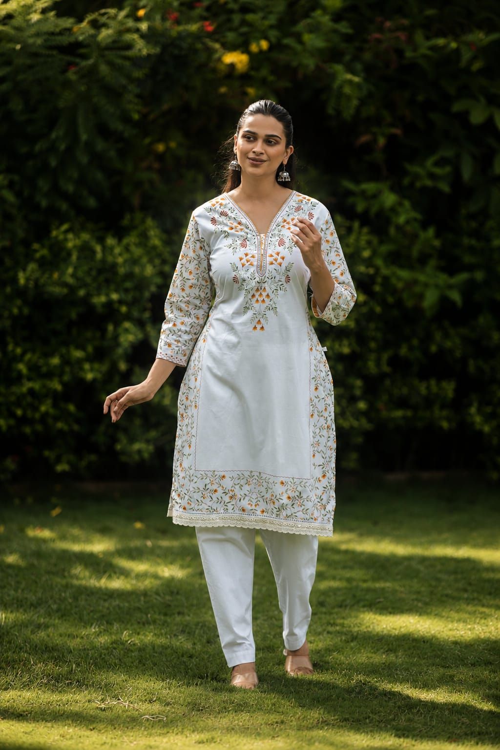 Yellow Embroidered Cotton Straight Kurta Pant Set, view 2