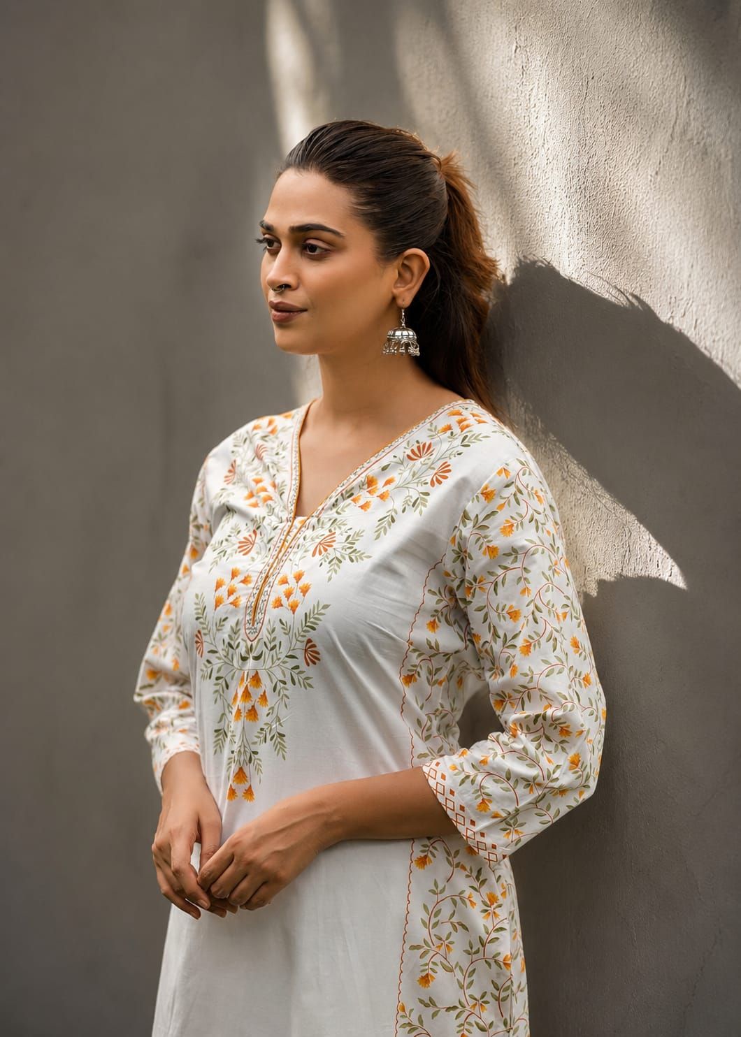 Yellow Embroidered Cotton Straight Kurta Pant Set, view 3