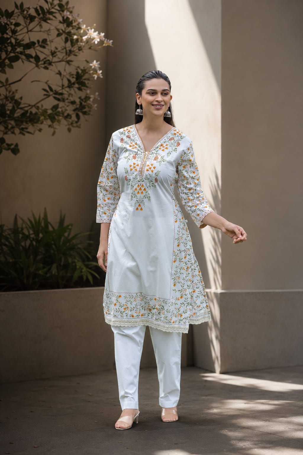 Yellow Embroidered Cotton Straight Kurta Pant Set, view 4