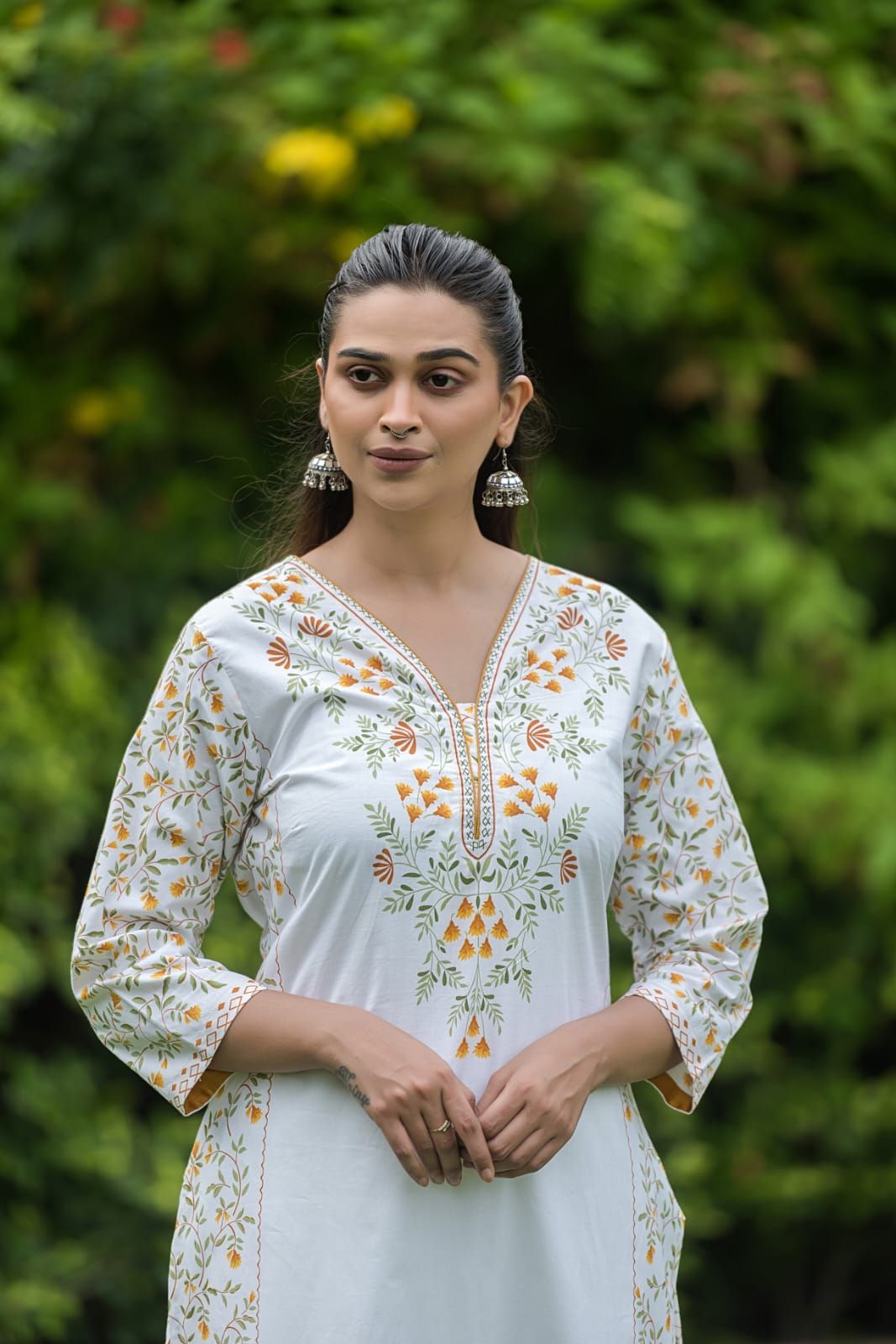 Yellow Embroidered Cotton Straight Kurta Pant Set, view 5