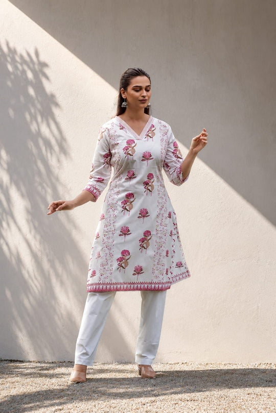 White & Pink Floral Printed Cotton Straight Kurta Pant Set, view 1