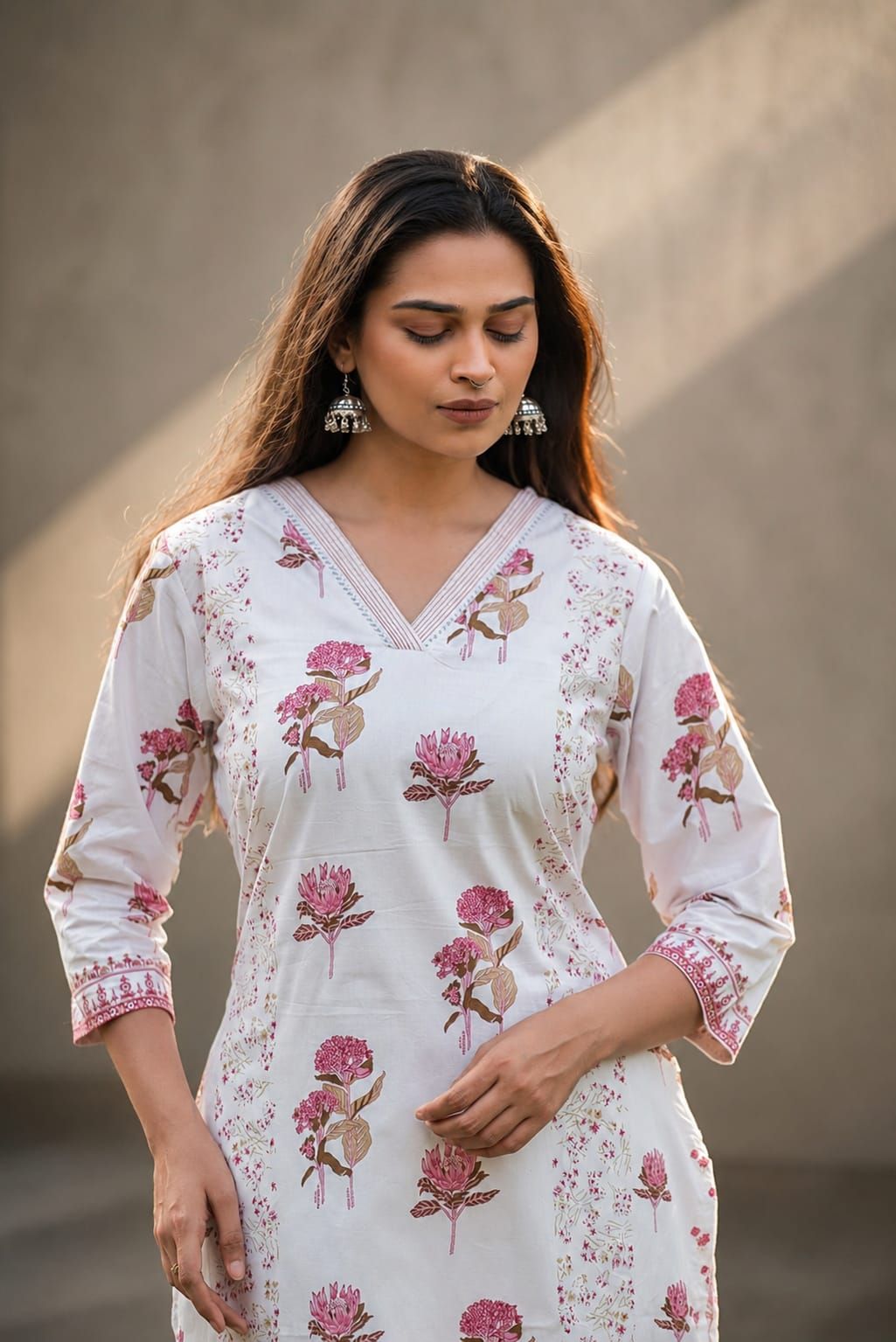 White & Pink Floral Printed Cotton Straight Kurta Pant Set, view 2