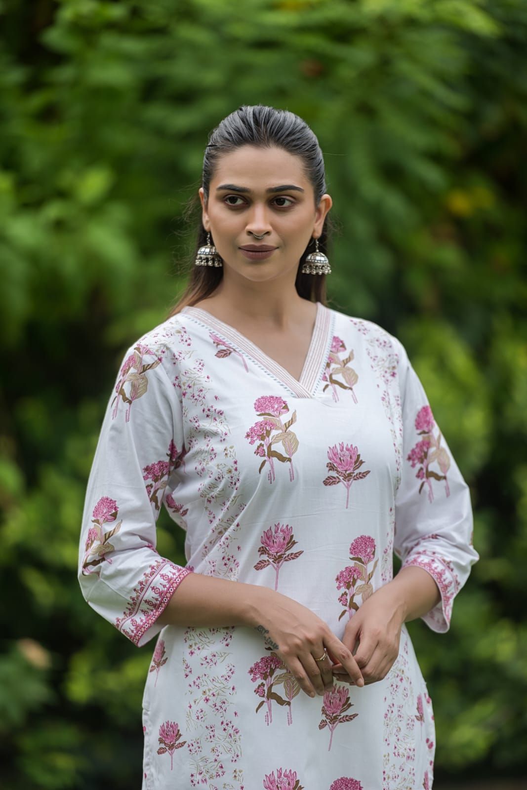 White & Pink Floral Printed Cotton Straight Kurta Pant Set, view 4