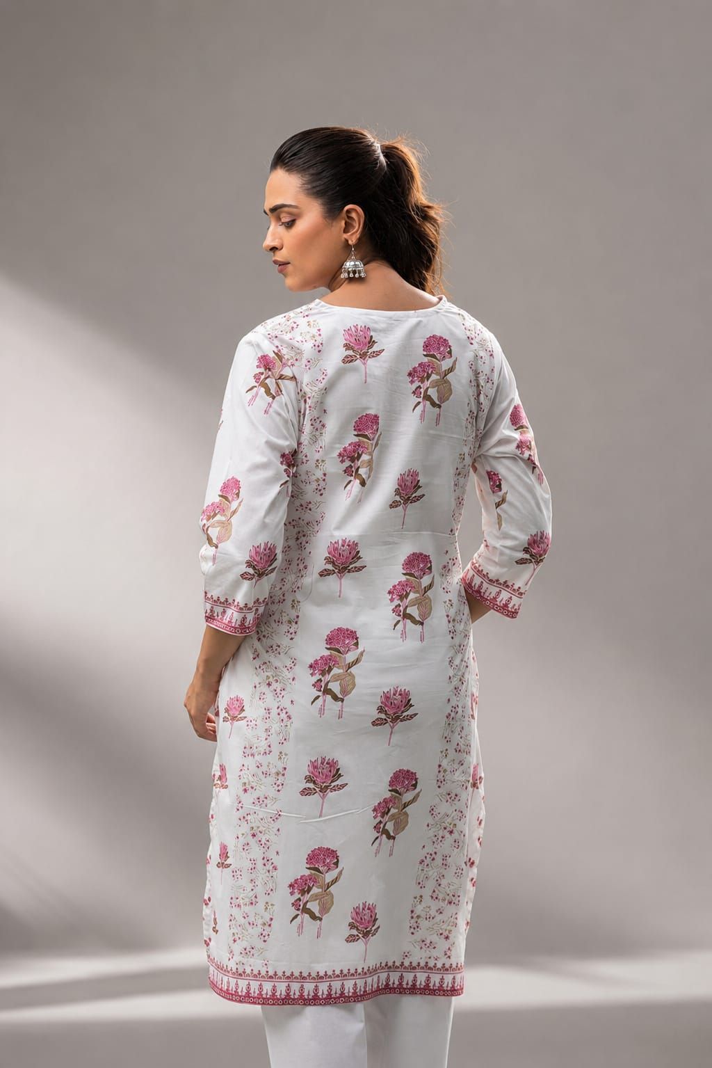 White & Pink Floral Printed Cotton Straight Kurta Pant Set, view 6