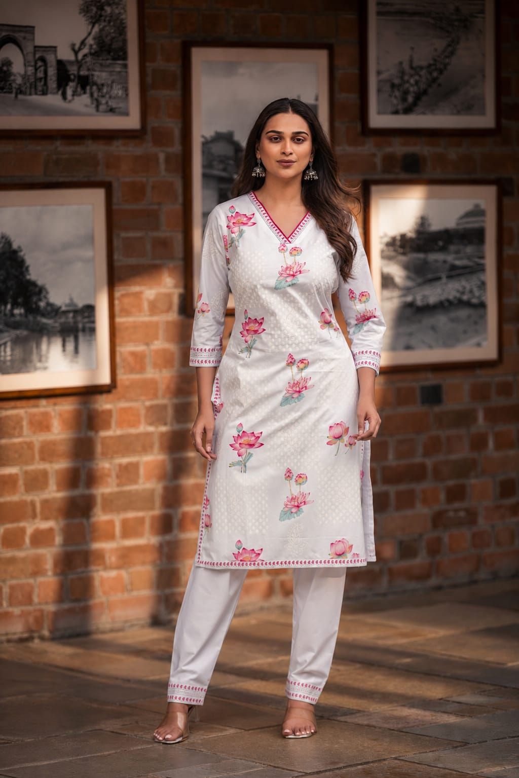White & Pink Floral Printed Cotton Straight Kurta Pant Set, view 1