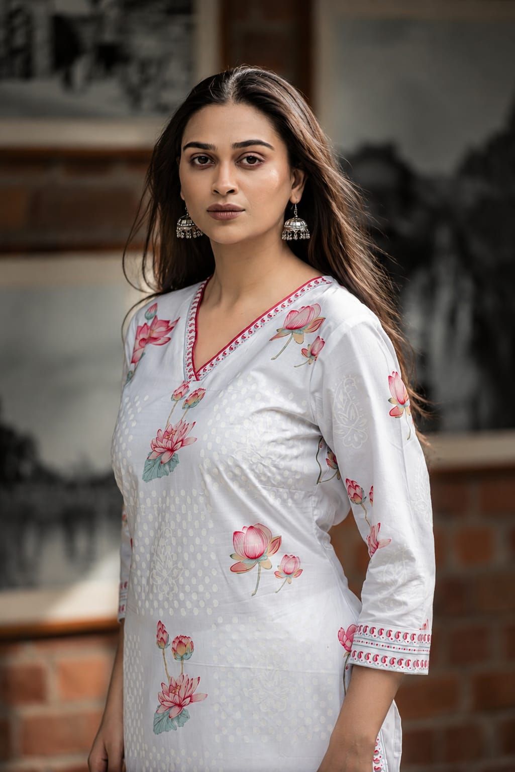 White & Pink Floral Printed Cotton Straight Kurta Pant Set, view 2