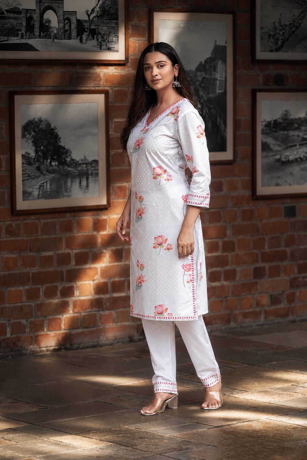 White & Pink Floral Printed Cotton Straight Kurta Pant Set, view 3