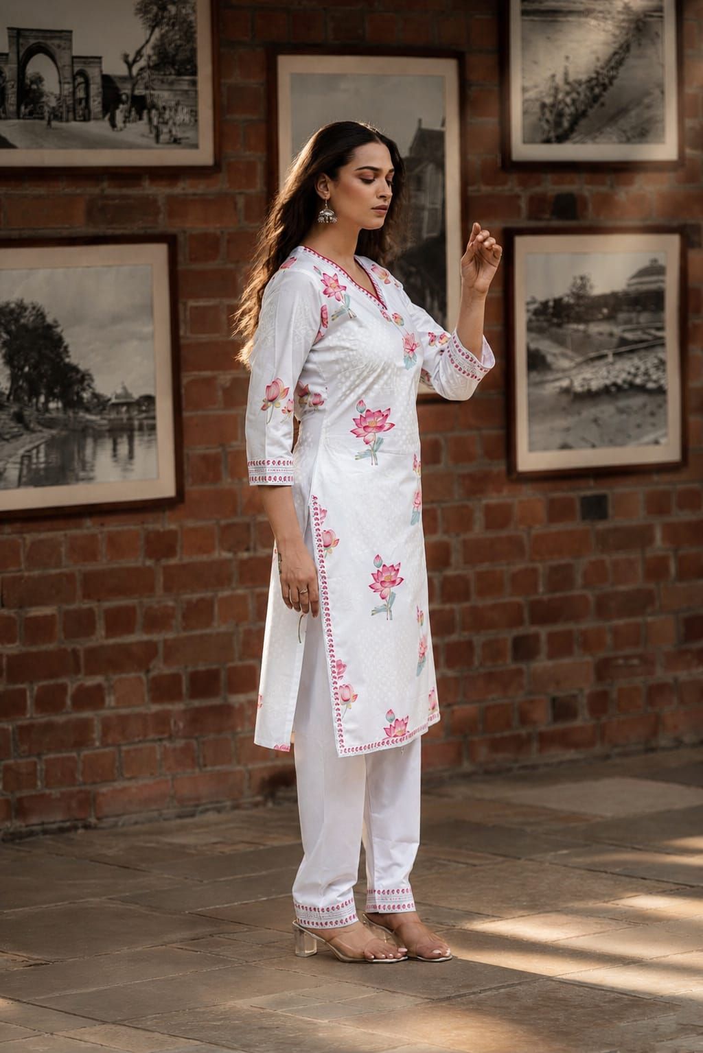 White & Pink Floral Printed Cotton Straight Kurta Pant Set, view 5