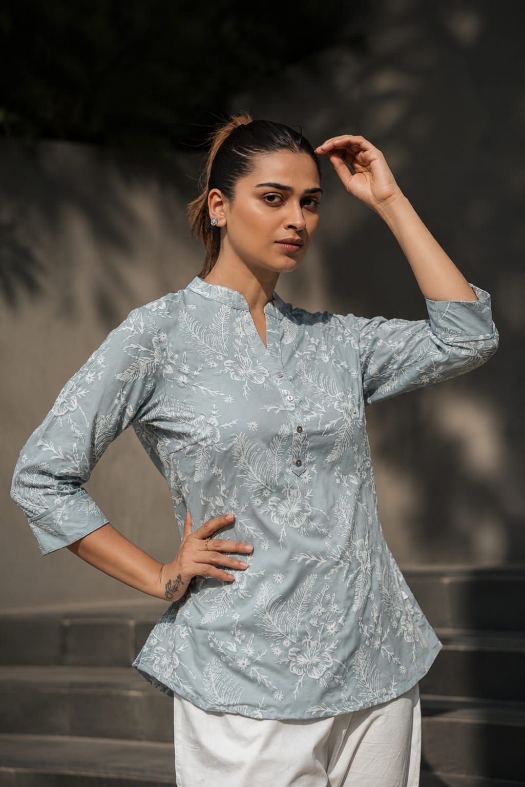 Grey Floral Printed Romanam Top, view 2