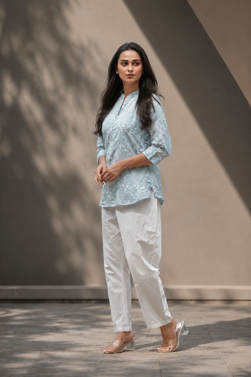 Grey Floral Printed Romanam Top, view 3