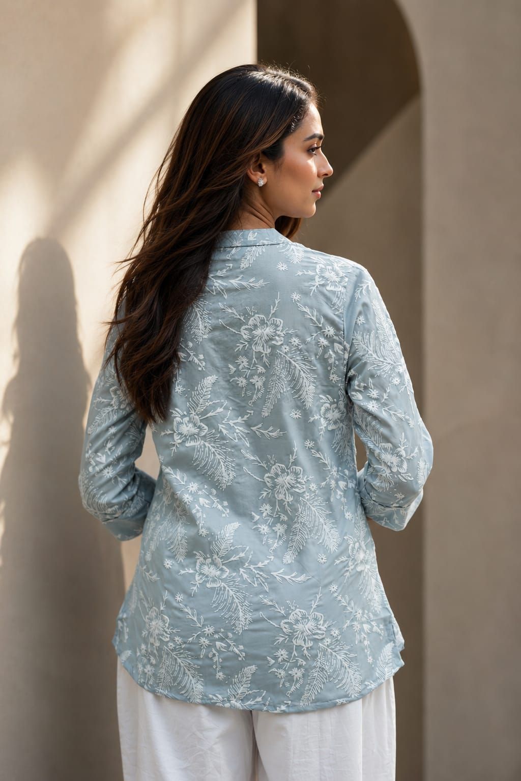 Grey Floral Printed Romanam Top, view 4