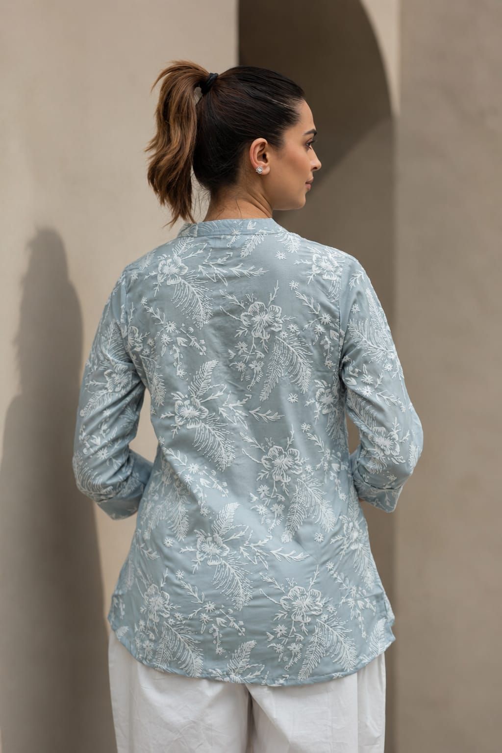 Grey Floral Printed Romanam Top, view 5