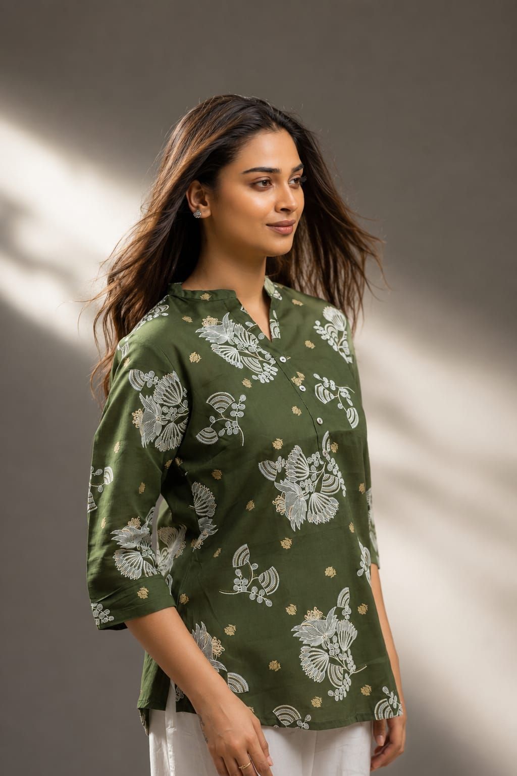 Olive Floral Printed Romanam Top, view 1
