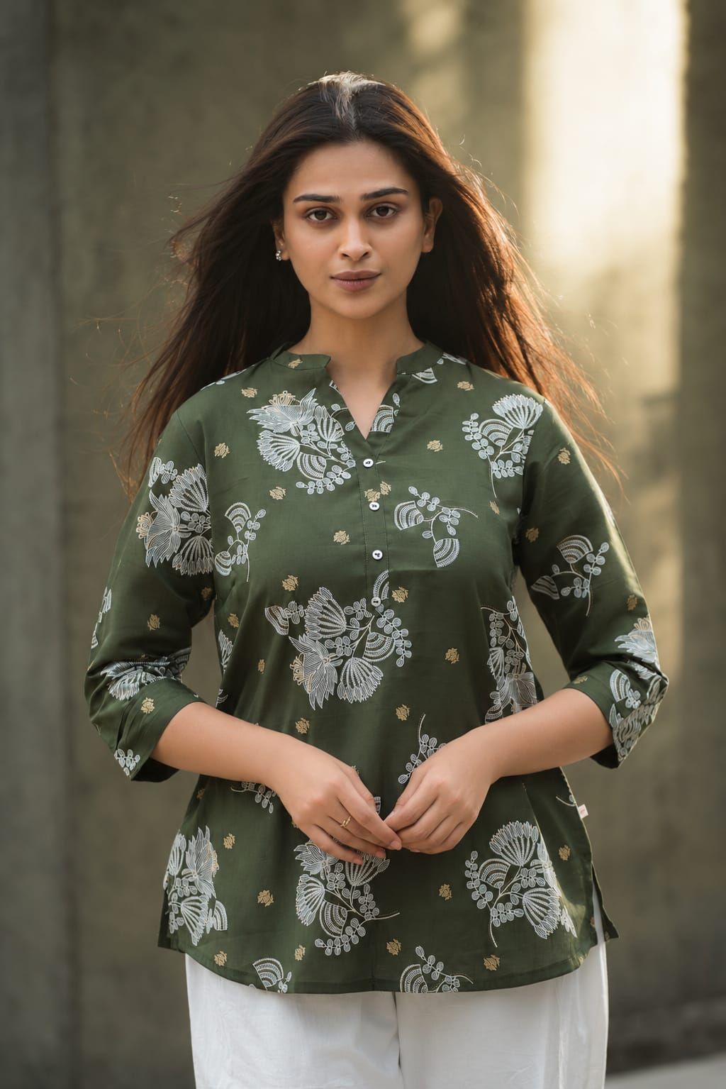 Olive Floral Printed Romanam Top, view 2