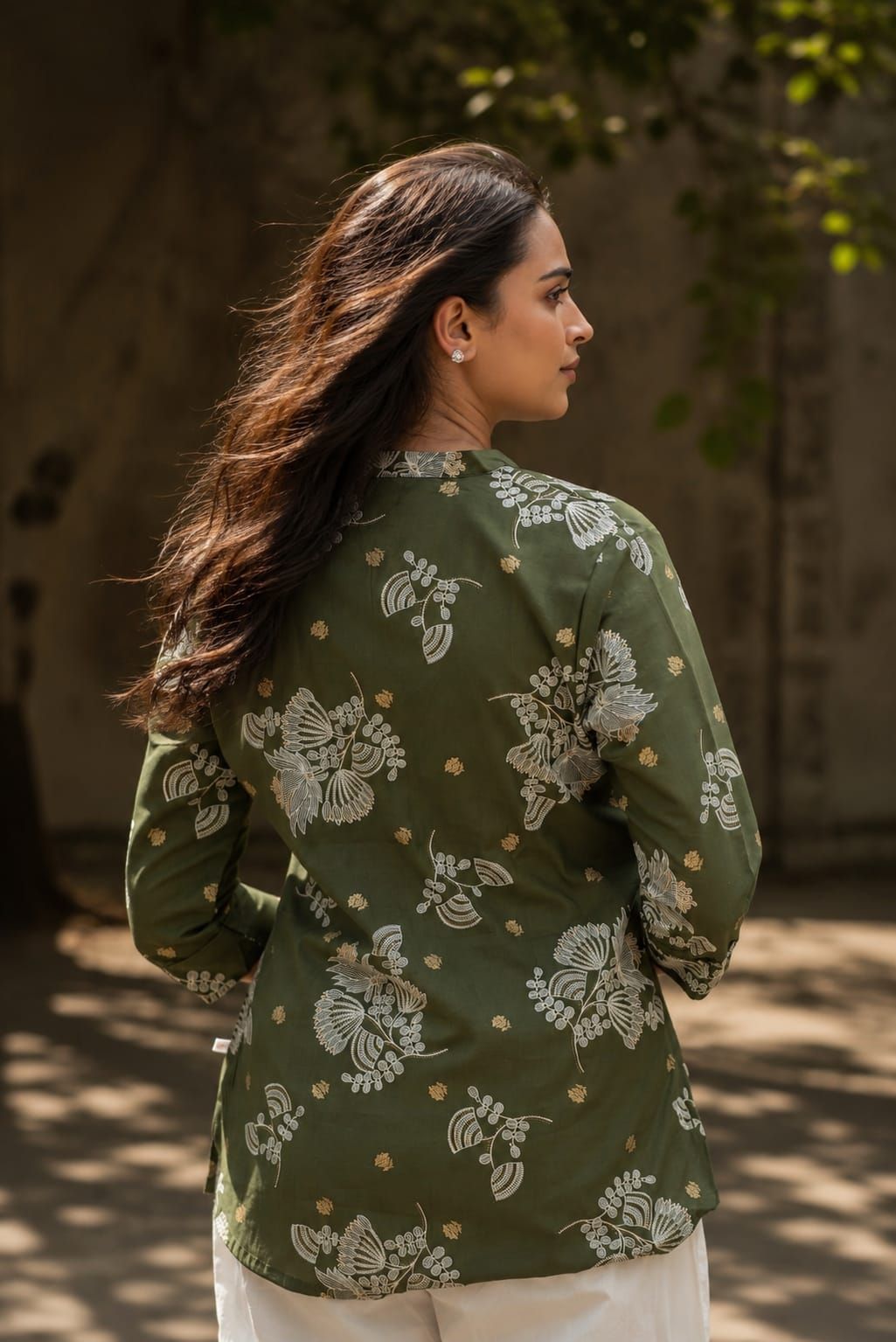 Olive Floral Printed Romanam Top, view 3