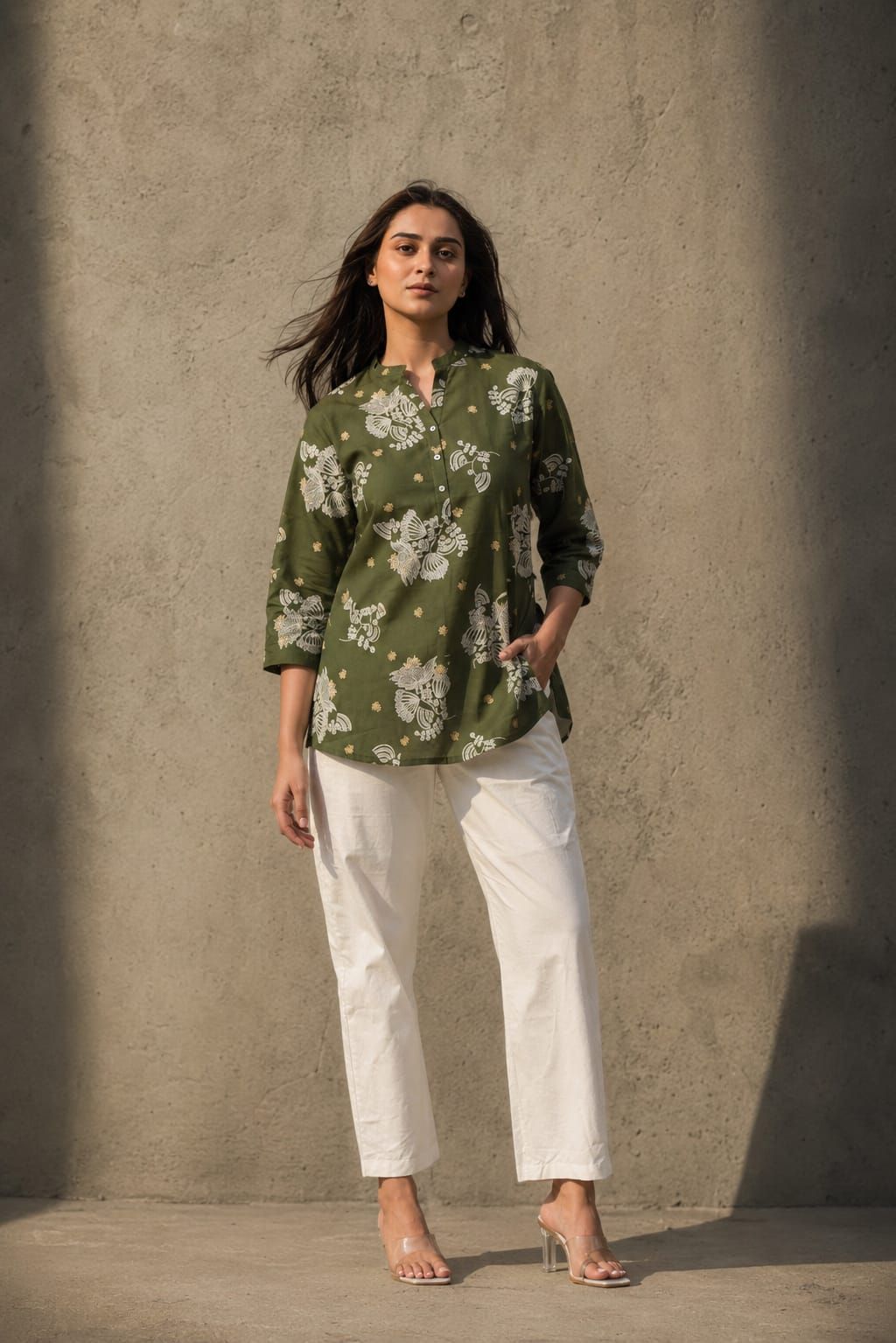 Olive Floral Printed Romanam Top, view 4