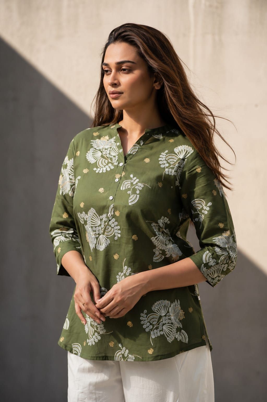 Olive Floral Printed Romanam Top, view 5