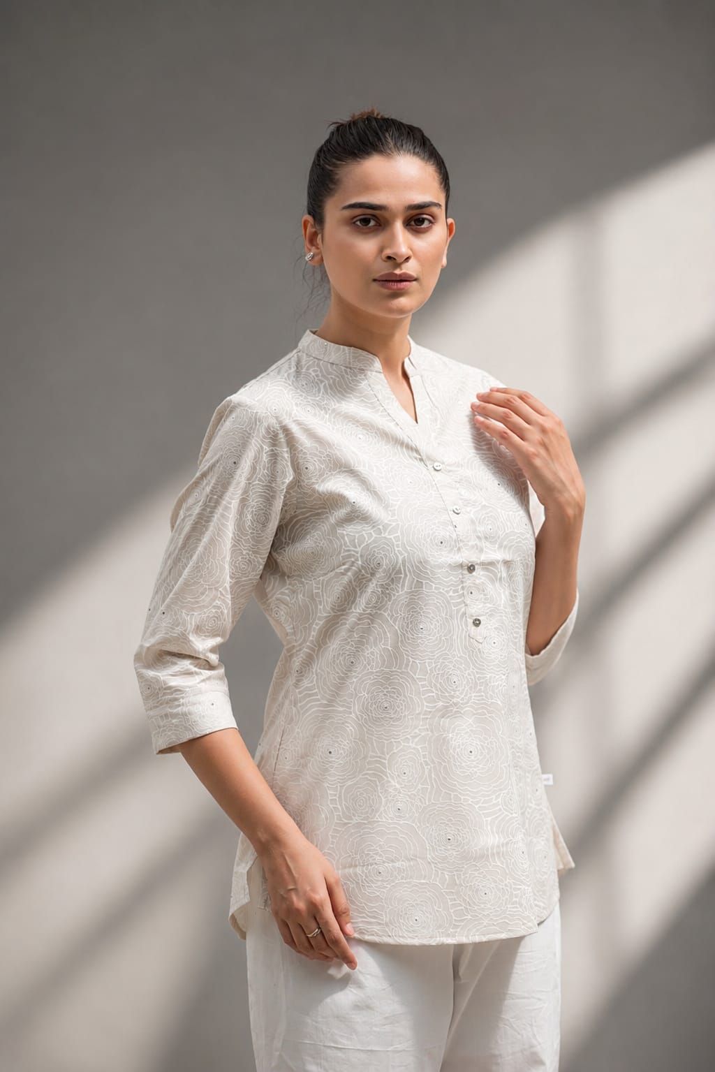Off White Floral Printed Romanam Top, view 1