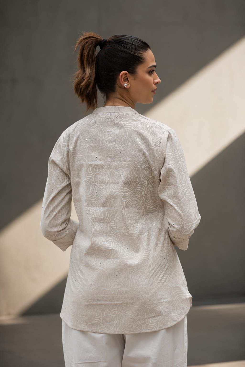 Off White Floral Printed Romanam Top, view 4