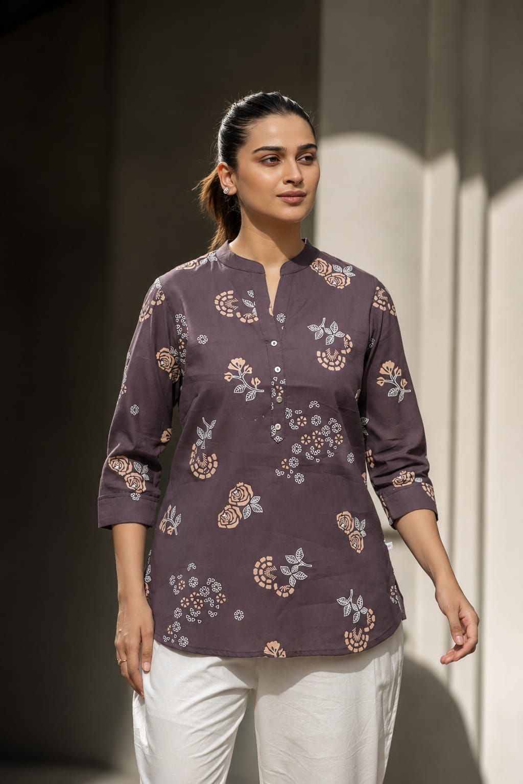Lavender Floral Printed Romanam Top, view 1