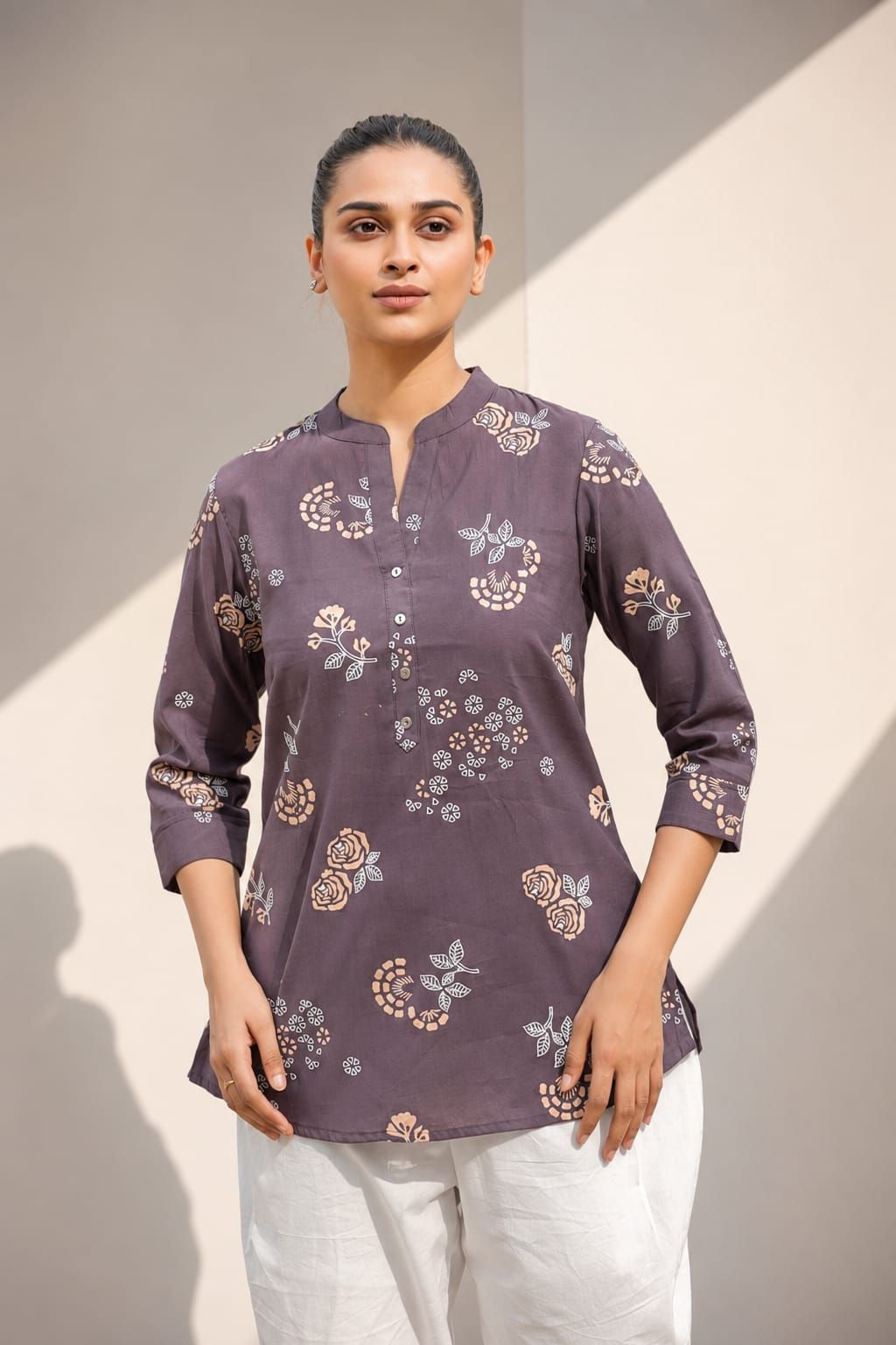 Lavender Floral Printed Romanam Top, view 2