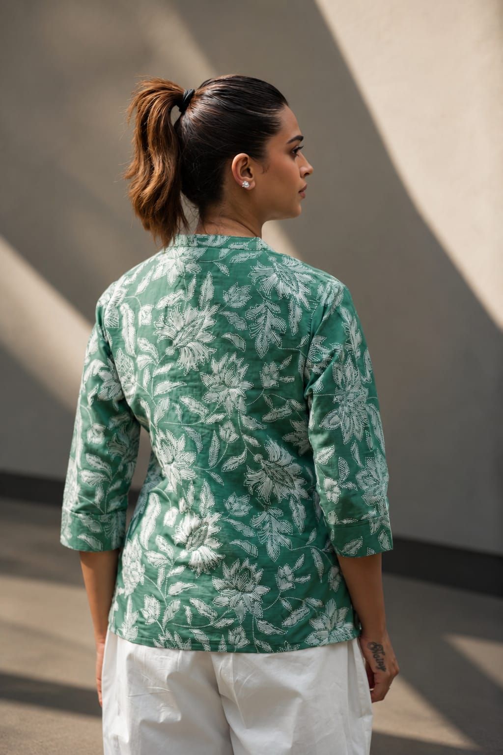 Green Printed Romanam Top, view 3
