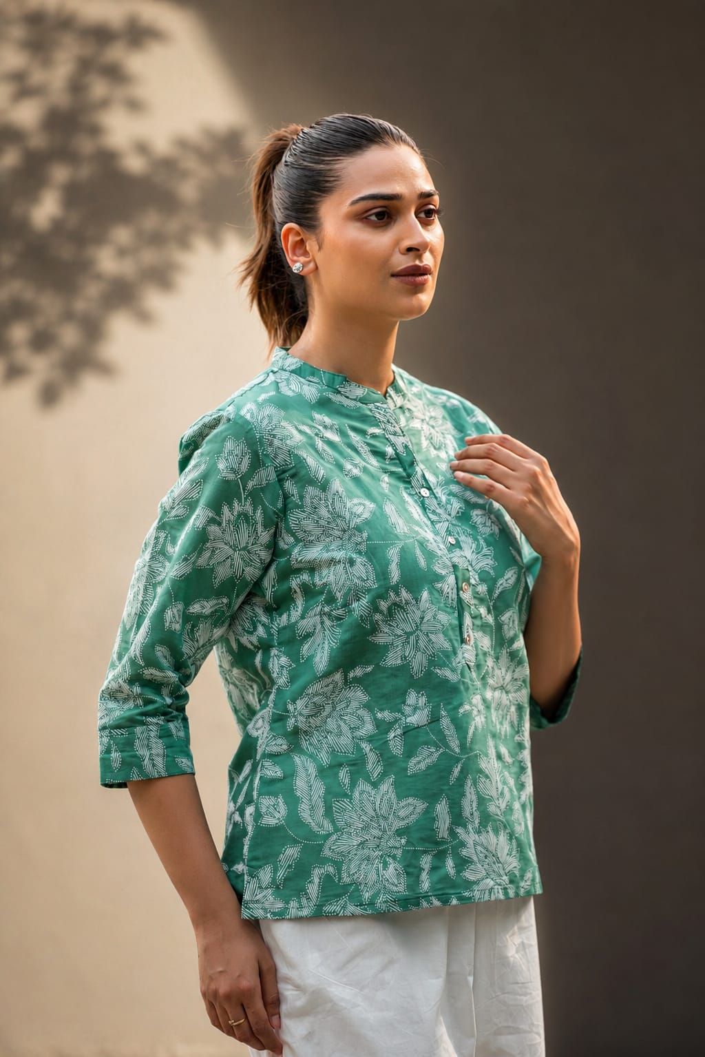 Green Printed Romanam Top, view 4