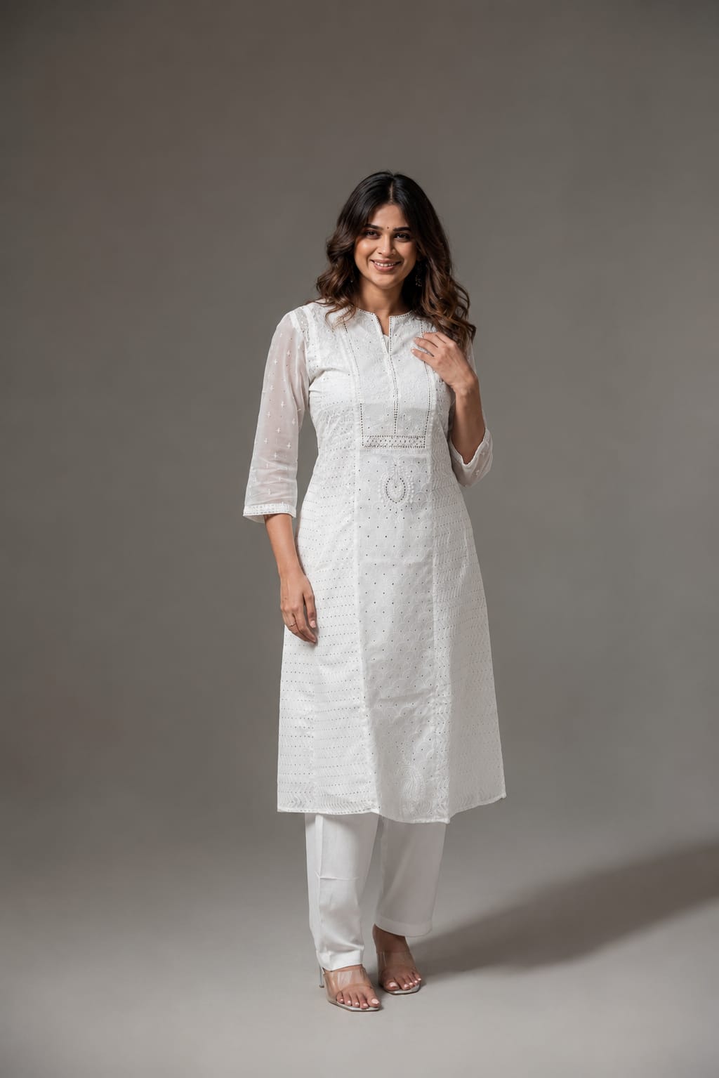 Off White Embroidered Organza A-Line Kurta Pant Set
