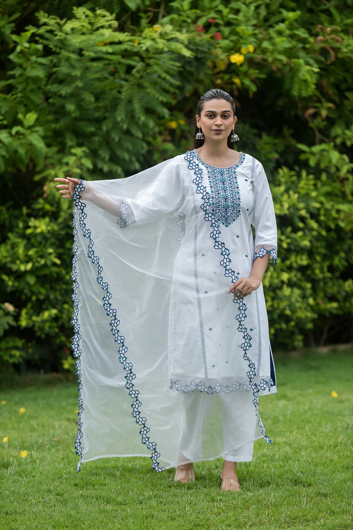 White & Navy Embroidered Rayon Straight Kurta Pant Dupatta Set