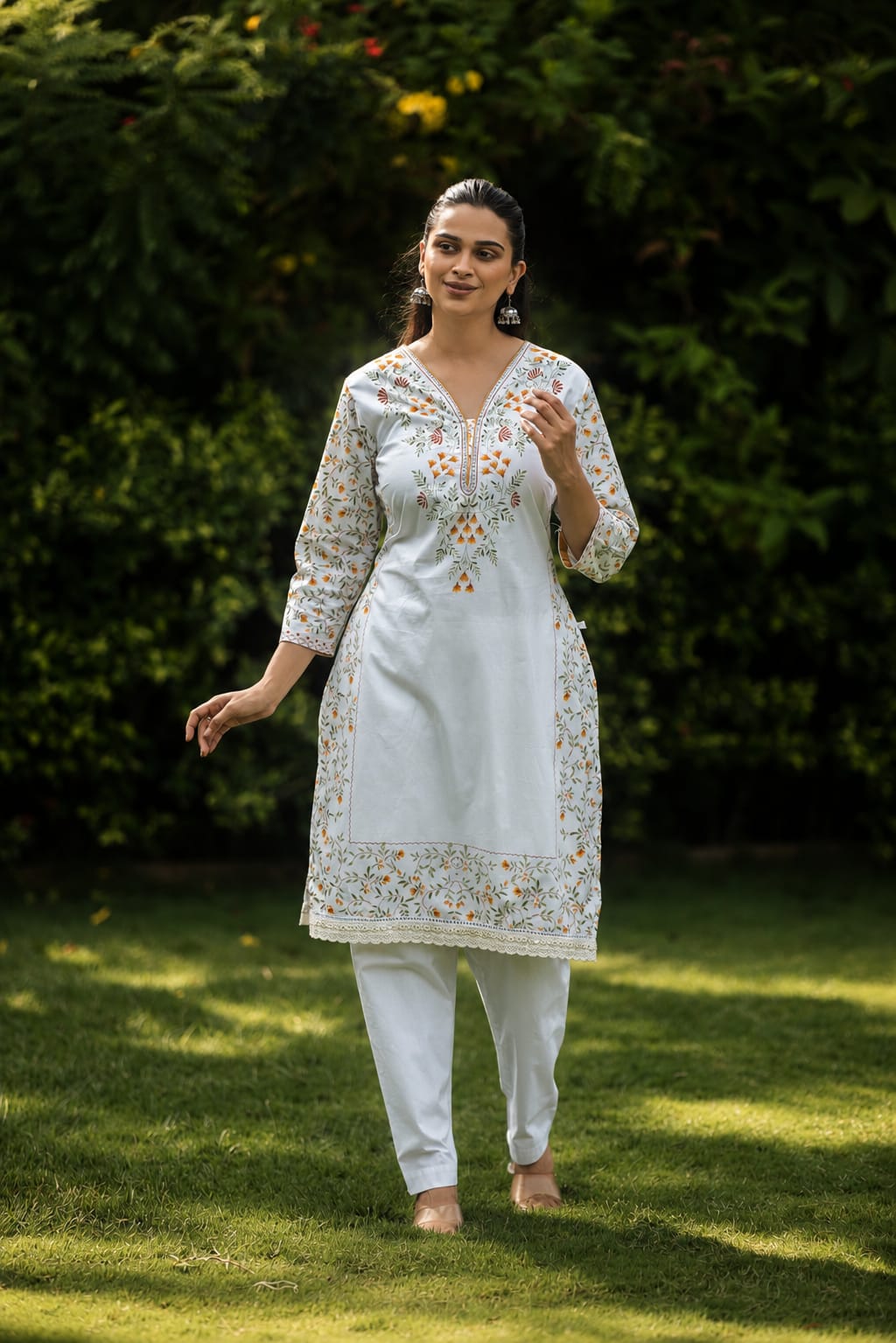 Yellow Embroidered Cotton Straight Kurta Pant Set