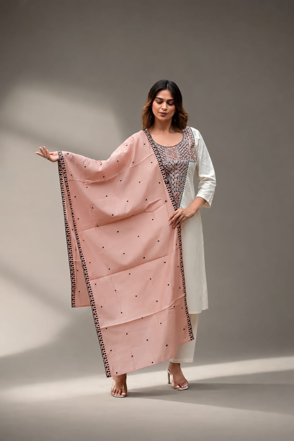 Off White Embroidered Straight Rayon Kurta Pant Dupatta Set