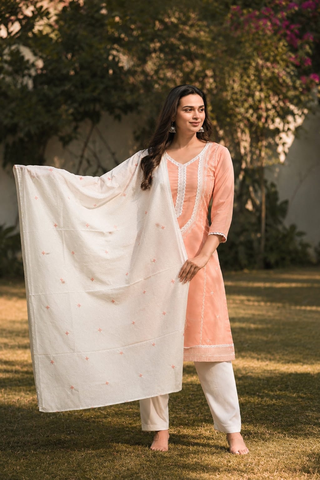Peach Embroidered Cotton Flex Straight Kurta Pant Dupatta Set